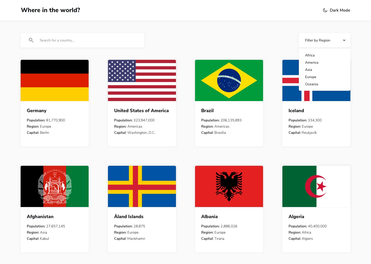 REST Countries API with color theme switcher